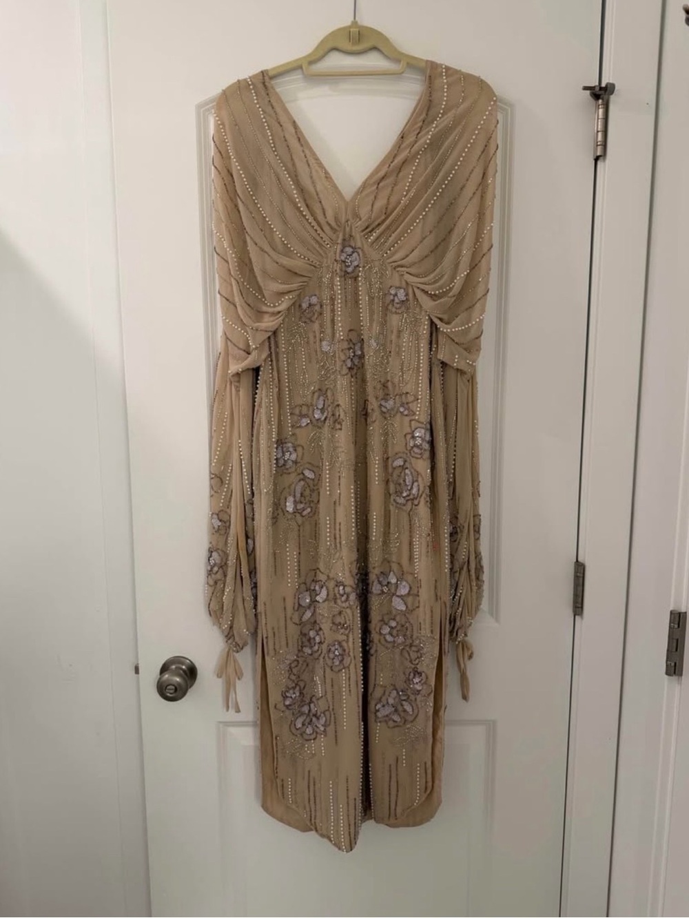 ASOS Beaded Taupe and Lilac Long Sleeve Evening Dress